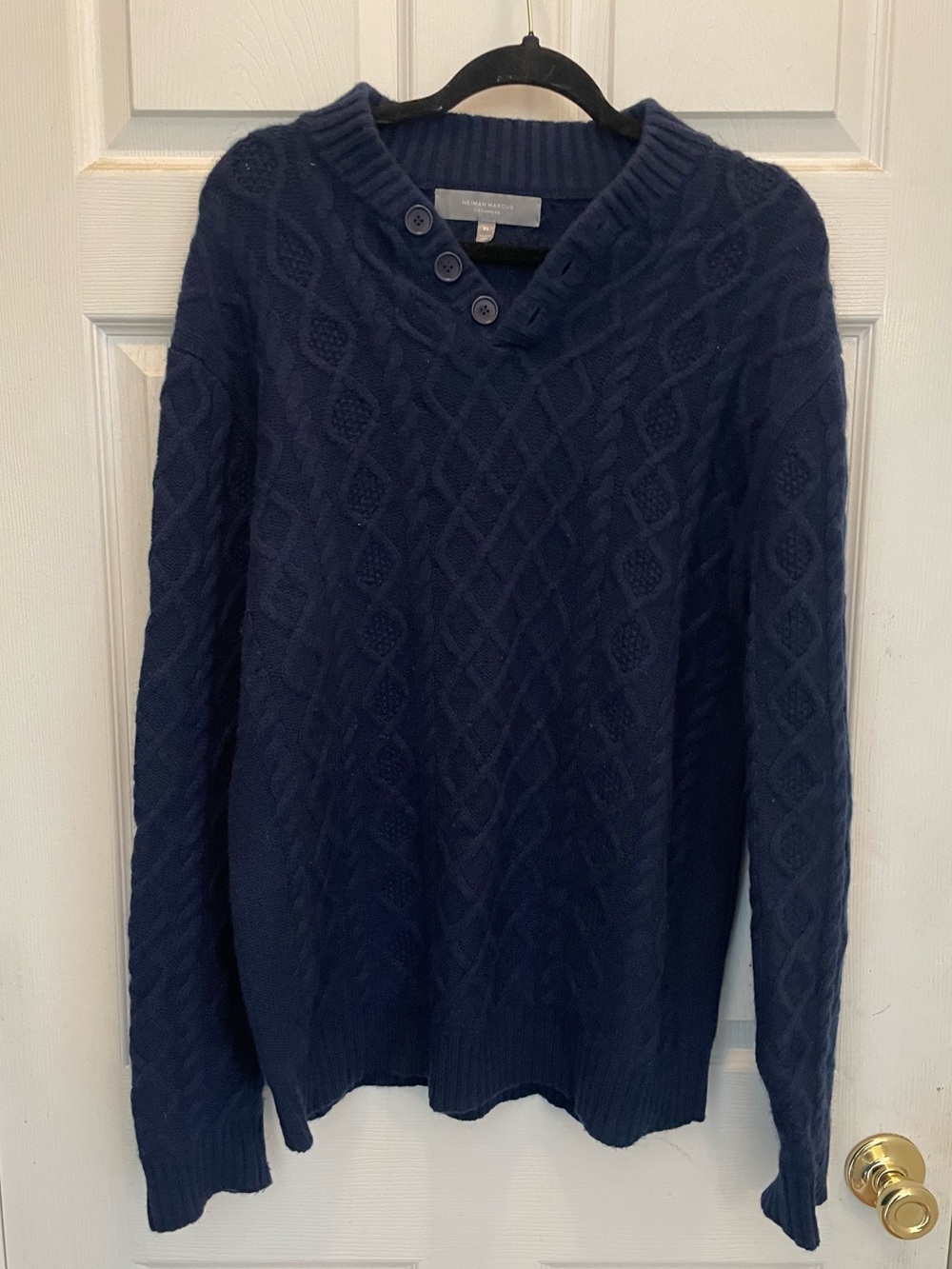 Neiman Marcus Men's Navy Cable-Knit V-Neck Sweater with Button Placket